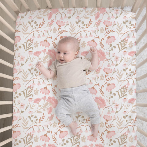 3 Set Set The Peanutshell Whimsical Floral Piece Baby Crib Bedding for Girls, Pink Botanical Nursery Decor, Reversible