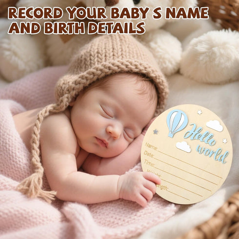 Penitue Wooden Baby Announcement Sign, Hello World Newborn Board Signs for Boys & Girls Welcome Baby Name Arrival