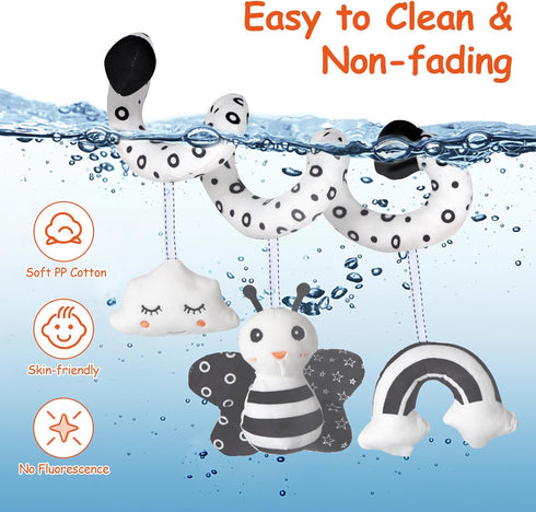 Car Seat Toys - Infant Baby Spiral Activity Hanging Toys for Stroller & Crib with BB Squeaker and Rattles (Bee)