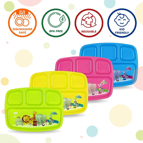 Toddler Plates With Dividers - Set of 4 Kids Dinner Plates, Brightly Colored Divided Tray, BPA Free, Fun Zoo Design