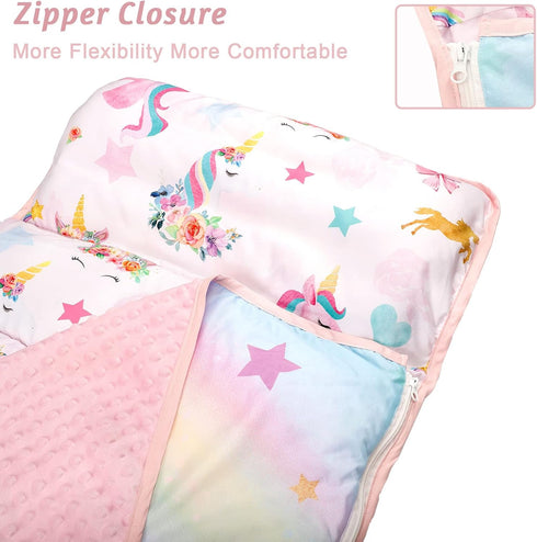 Toddler Nap Mat with Removable Pillow and Soft Dot Minky Blanket, Extra Large Unicorn Napping Mats for Kids