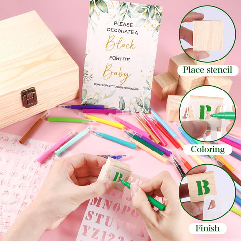 92 36 Draupnir Pcs Fun Baby Shower Games Sign Kit Babies Coloring Blocks for Baby Shower, Wooden DIY Blank Blocks