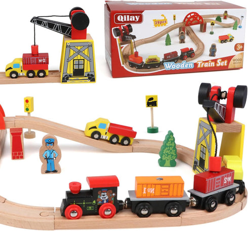 Set 39 5 3,4,5 Set Qilay Wooden Train for Toddler - Pcs Wood Train Tracks with Crane, Bridge & Wooden Trains - Train