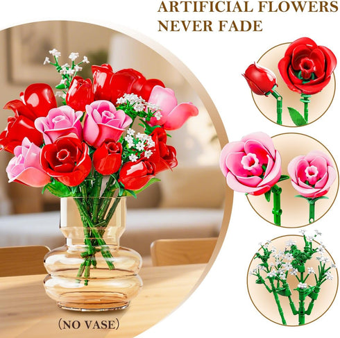 Set 16 387PCS HOGOKIDS Flowers Bouquet Building with Lights - Roses Bouquet Botanical Building Blocks Artificial Red