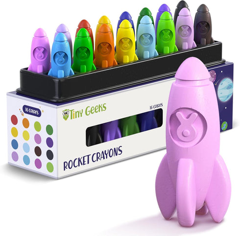 TinyGeeks 16 Rocket Crayons - Non Toxic, Washable - For Toddlers, Kids