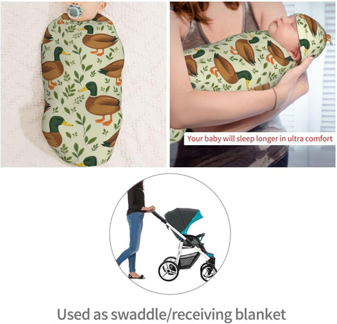 Set KiuLoam Cute Mallard Duck Leaf Animal Print Newborn Swaddle Blanket with Hat Soft Newborn Receiving Blankets Baby