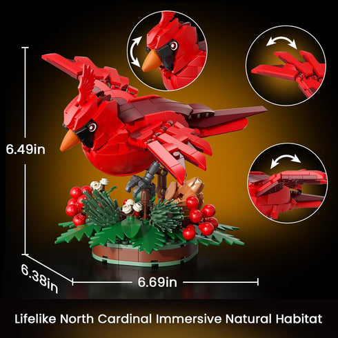 JAKI Northern Cardinal Building Kit, Red Bird with Holly Plant Botanical Collection Building Toys, Relaxing Build