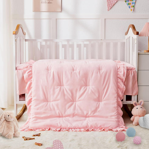 Girl Crib Bedding Set, 3-Piece Crib Comforter Set for Girls, Boho Ruffle