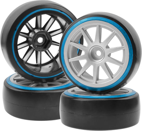 1/10 RC Hard Plastic Drift Tires & Wheel Rims 12mm Hex 10-Spoke Compatible with HSP HPI Tamiya TT01 TT02 Kyosho Traxxas 4-Tec 2.0 Himoto Redcat Racing 1/10 On-Road RC Drift Drifting Car