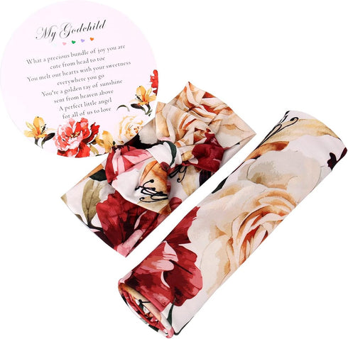 Set Galabloomer Baby Girl Newborn Receiving Blanket with Headband Baby Swaddle Nursery Swaddle Wrap with Card (Ivory