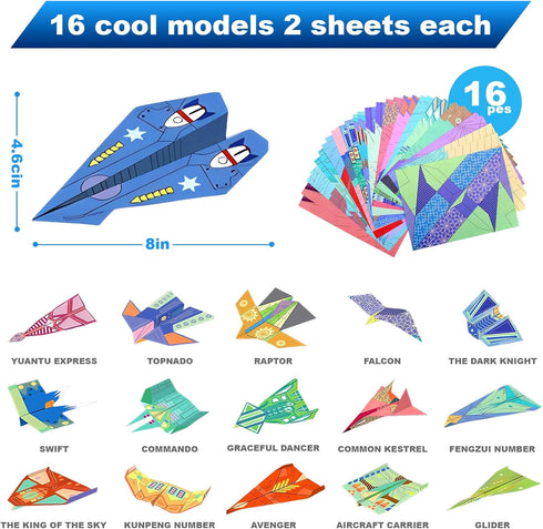 16 Designs,32 5-12,Airplane Vodolo Paper Airplane Kits with Classic Sheets Paper Planes Origami Kit for Kids Ages Gifts
