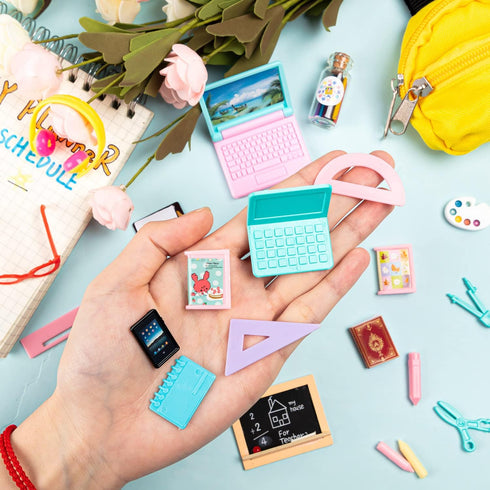 FFNIU 30Pcs Backpack Set Mini School Supplies, Doll School Supplies Includes Mini Doll Laptops Glasses Blackboard Book