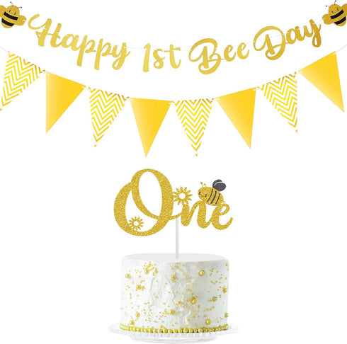 Tatuo Happy 1st Bee Day Party Decorations, Gold Glitter Banner and Cake Topper for First Birthday Supplies