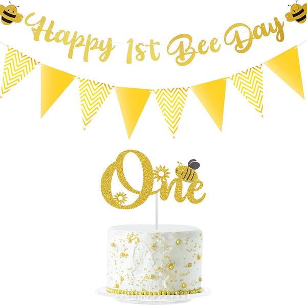 Tatuo Happy 1st Bee Day Party Decorations, Gold Glitter Banner and Cake Topper for First Birthday Supplies