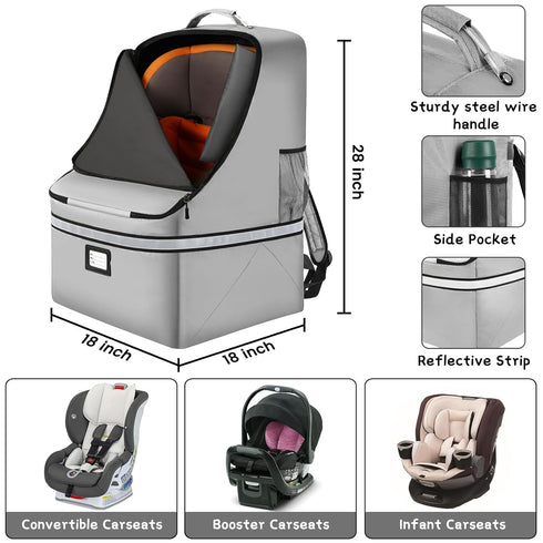 SINVICKO Backpack Car Seat Travel Bag,Padded Car Seats with Steel Cable Handle and Reflective Stripes, Large Durable