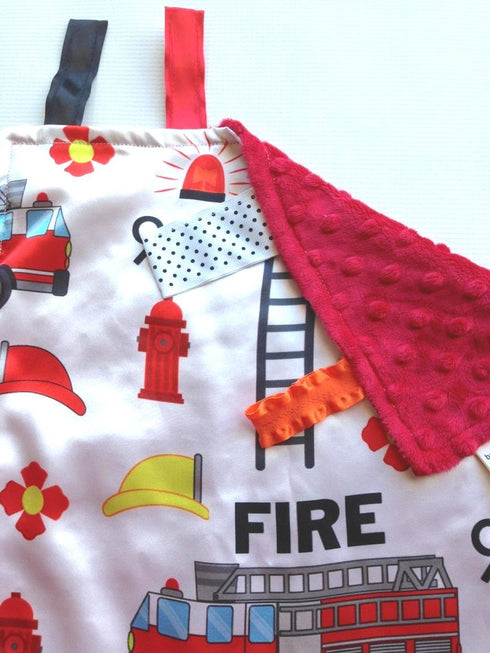 Baby Sensory Closed Ribbon Tag Lovey Blanket with Minky Dot Fabric, 14”X18” (Firefighter) - Teething & Security