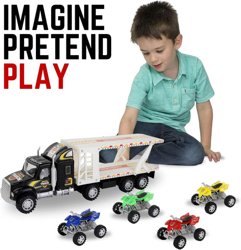 Auto Hauler Big Rig Toy Semi Truck Car Carrier 1:48 Scale with 4 ATVs Dirt Bike (Assorted Colors)