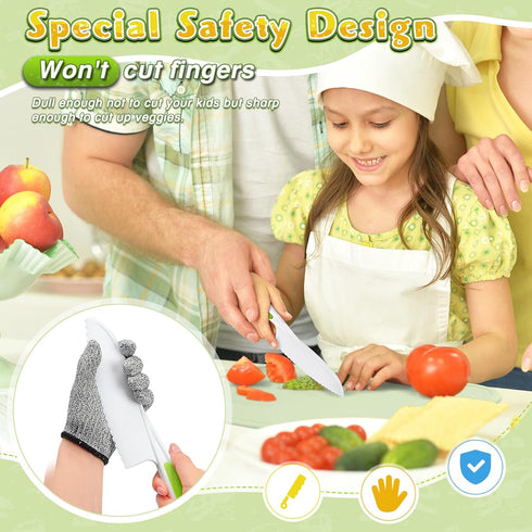 Kids Knife Set for Real Cooking, 15 PCS Montessori Kitchen Tools Kids Kitchen Knife Set with Wooden Safe Knife Serrated Edges Plastic Toddler Knife Cutting Board Crinkle Cutters by HAIMST
