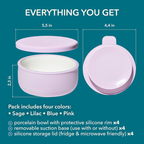 (Set 4) Pandaloo Porcelain Kids Bowls with Removable Silicone Sleeve & Lid Strong Suction Base, Microwave & Dishwasher