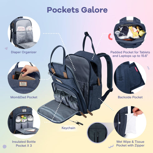 Backpack, Pack RUVALINO Diaper Bag Multifunction Travel Maternity Baby Changing Bags, Large Capacity, Waterproof, Navy
