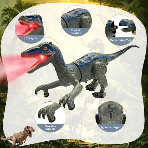 TALGIC Remote Control Velociraptor, Dinosaur Toy with Spraying, Roaring, Swaying Head, Wagging Tail, Remote Control