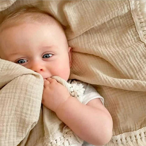insular Cotton Muslin Baby Blanket with Tassel, Boho Bohemian Muslin Swaddle Blanket Baby Receiving Blanket with Fringe, Nursery Decor Throw or Nursing Blankets, 47" x40”, Khaki by insular