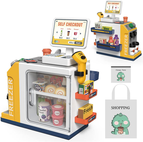 POFJOEQ Cash Register Playset for Kids - 48PCS Pretend Play Money, Calculator, Scanner,