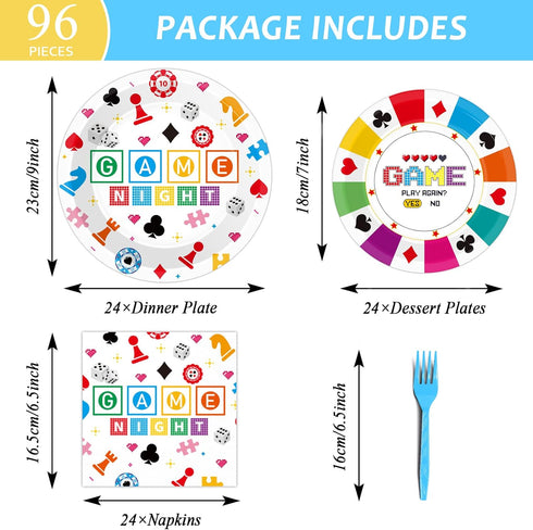Wiooffen 96 Pcs Family Game Night Party Supplies, Gaming Party Decoration for Birthday, Tableware Set for 24 Guests