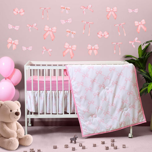 5 Set SmoothNovelty Pcs Pink Bow Crib Bedding Include Print Crib Sheets Bed Skirt Comforter Pad Cover Wall Stickers