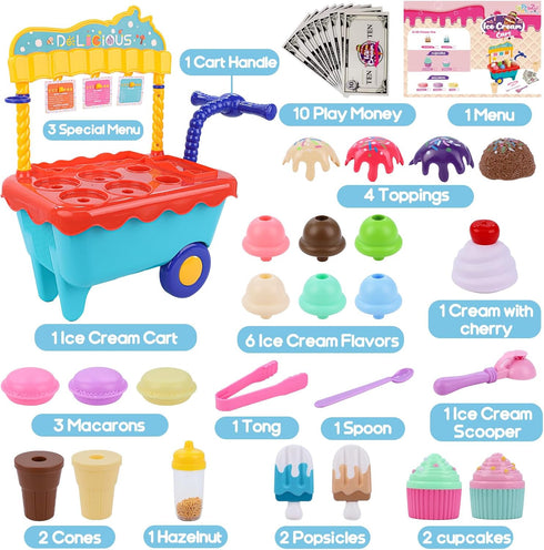 Gifts2U Kids,45 Set,Pretend 3 4 5 6 Ice Cream Cart Toys for Pcs Ice Cream Play Play Store with Storage Trolley,Food