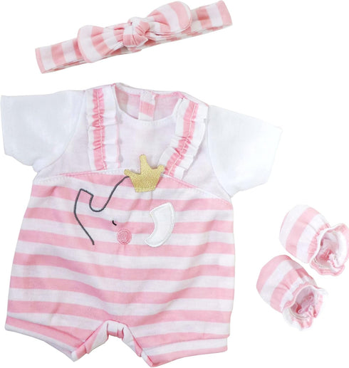 JC Toys Berenguer Boutique Baby Doll Outfit - Pink Stripes and White Overall Shorts, Includes Headband and Booties