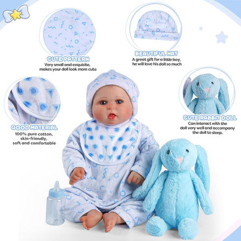 JIZHI 8 Pcs Reborn Baby Doll Accessories with Bassinet for 17-22 Inch Dolls, Realistic Clothes Set