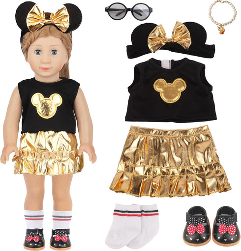 Micky Themed Cosplay Kit for 18 Inch Girl Dolls, Gold Accessories Including Bow Hairband, Dress & More