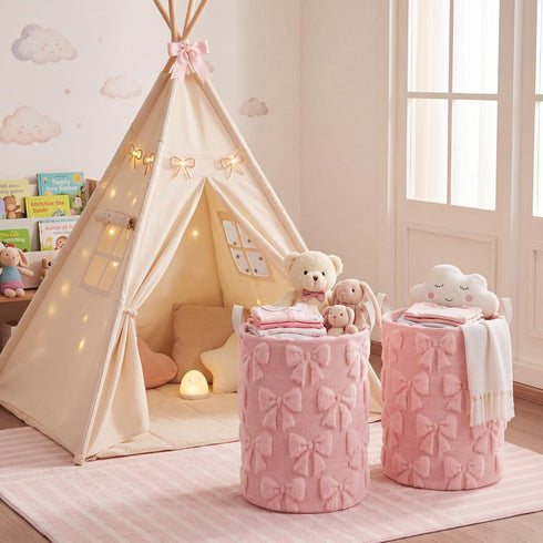 Blushtier 2 Pcs Pink Bow Laundry Hamper Girls Room Decor Coquette Pink Bow Plush Faux Fur Basket Kids Large Storage