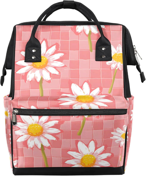 Hsnar Watercolor Checkered Daisy Waterproof Diaper Bag Backpack Large Capacity Baby Bag with