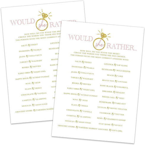 Would She Rather Game - Bridal Shower Cards, Wedding Party Games, 20 Cards per Set, Fun and Easy to Play