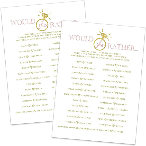 Would She Rather Game - Bridal Shower Cards, Wedding Party Games, 20 Cards per Set, Fun and Easy to Play