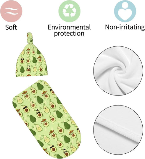 Cute Avocado Newborn Receiving Swaddle Blanket with Hat Set for Boy Girl Infant Shower Gift