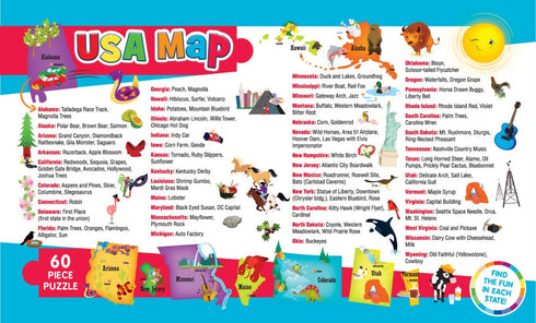 MasterPieces 60 Piece Educational USA Map State Shaped Jigsaw Puzzle for Kids - 16.5"x12.75"