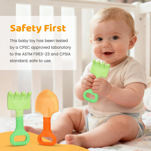 Gaiabliss 0-6 6-12 2 Pack Baby Teething Toys, Baby Garden Teether Toys Shovel & Rake Silicone Teethers for Babies