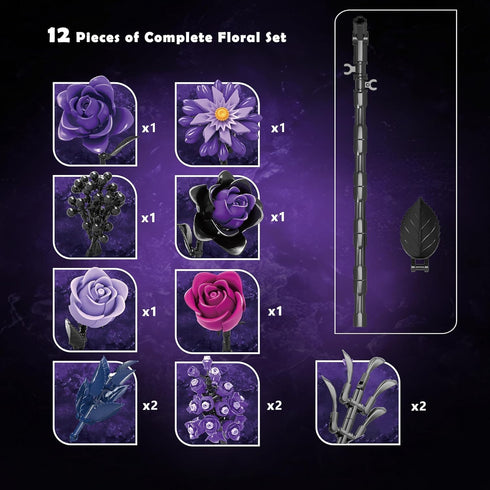 822 Set Gothic Black Purple Roses Bouquet - Pcs Building Blocks for Adults, Lego Compatible Flowers for Home Decor