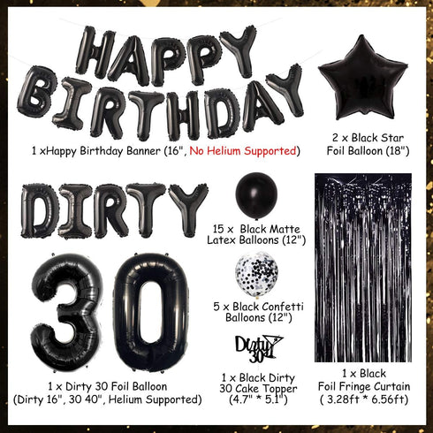 JOYMEMO 30th Birthday Decorations - Black Dirty Thirty Foil Balloon, Cake Toppers, Happy Birthday Banner, Star Confetti