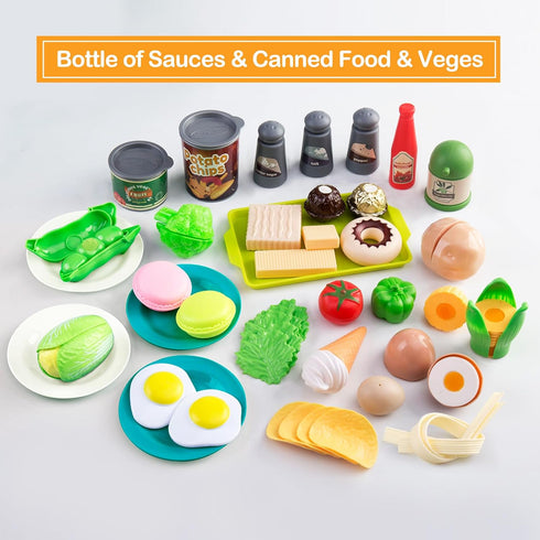 150Pcs Playset, 2Pack Kitchen Toddlers Pretend Cooking Cookware Accessories, Food, Picnic Blanket, Fruits, Veges