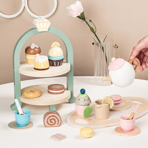MIKNEKE Set Set Sets Wooden Dessert Cake Tea Party for Little Girls Toys, Pretend Play Kids Tea for Toddlers Wood Toys