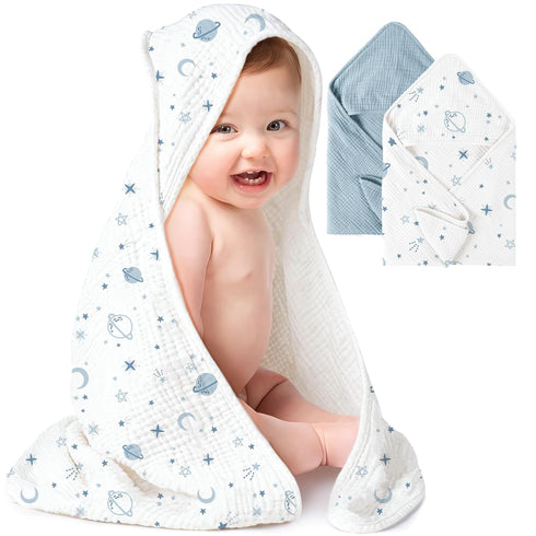 Konssy 2-Pack Muslin Hooded Baby Towels, 100% Cotton, Ultra-Soft & Absorbent Baby