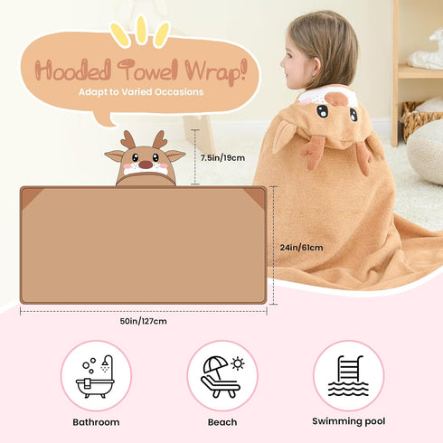 Cozy, Children(50"x30") Style Quarters Brown Elk Hooded Towel for Kids Soft, Absorbent Cotton, Embroidered Baby Bath