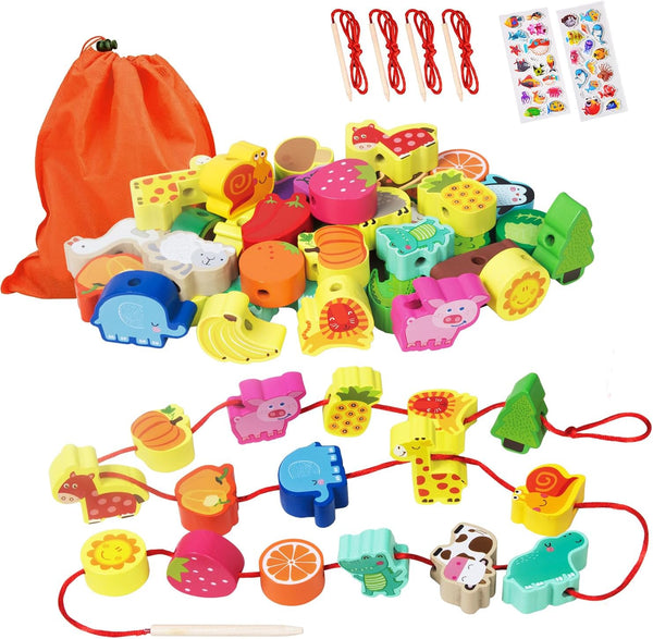 Montessori Educational Wooden Lacing Beads Toys for Toddler 3-5 Years Old, Farm Animals Fruits Vegetables Threading