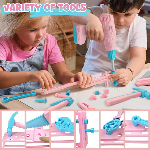 Set 55Pcs 3 4 5 6 7 Kids Tool Tool Box Toddler Tool Kit for Girls Play Tools Toy with Tool Belt Electronic Toy Drill