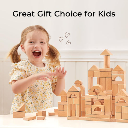 MEEYOO 100pcs 1-3, Natural Beech Wooden Building Blocks for Toddlers Wooden Blocks for Baby Shower with Storage Bucket