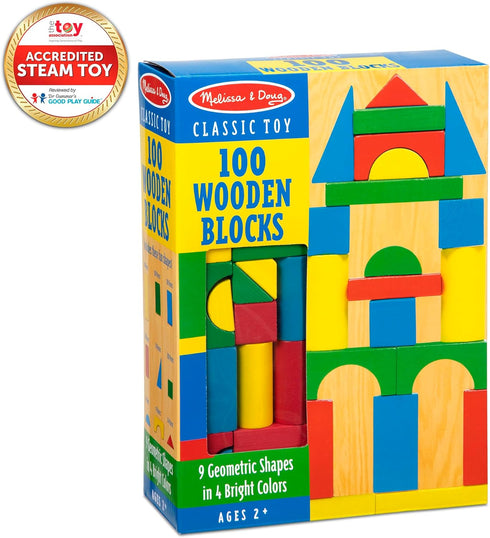 Melissa & Doug Wooden Building Blocks Set - 100 Blocks in 4 Colors and 9 Shapes, FSC Certified for Kids